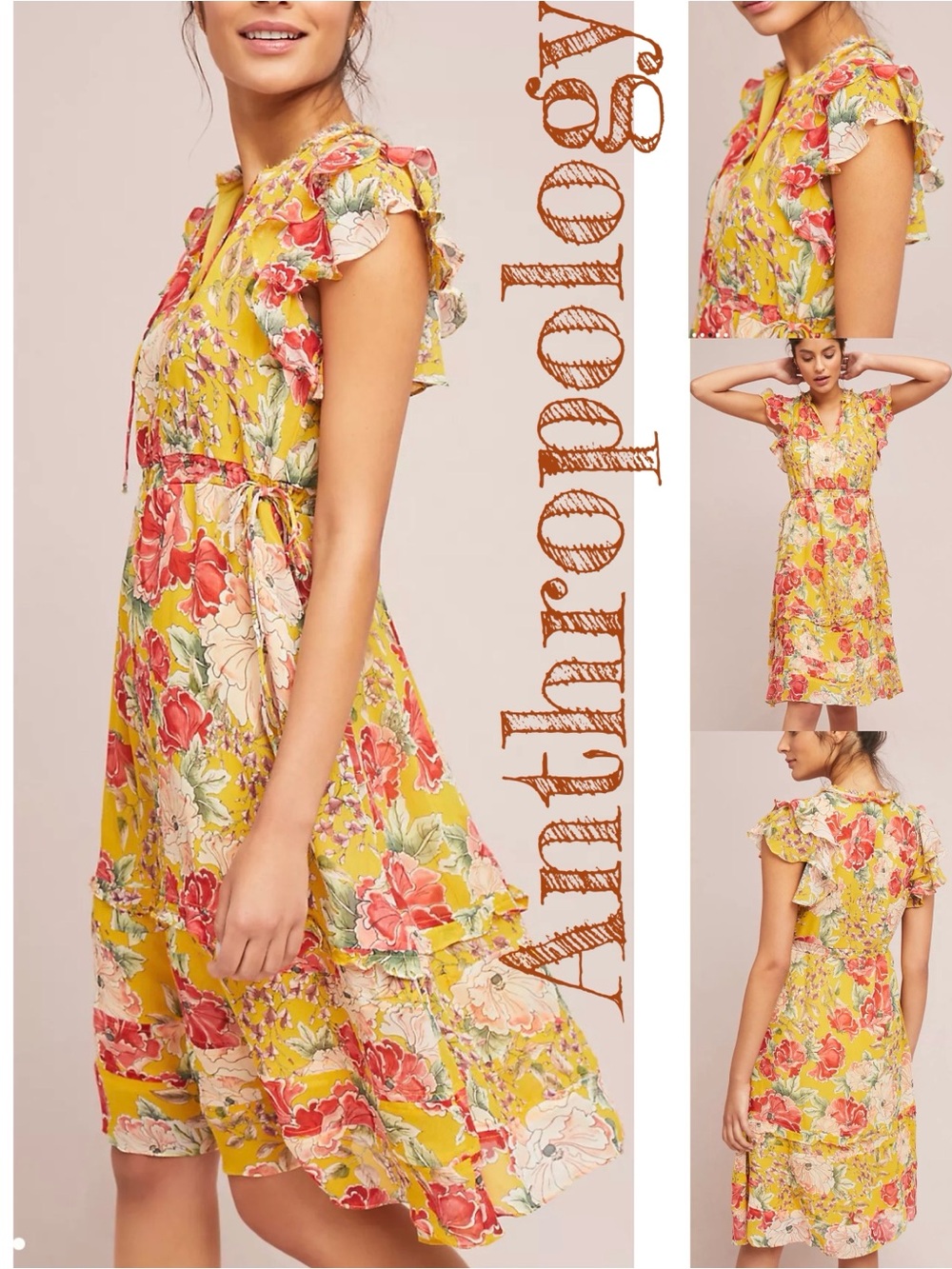 Ellory Dress, Anthropologie Yellow Floral Ruffle Tie-Waist Midi Dress